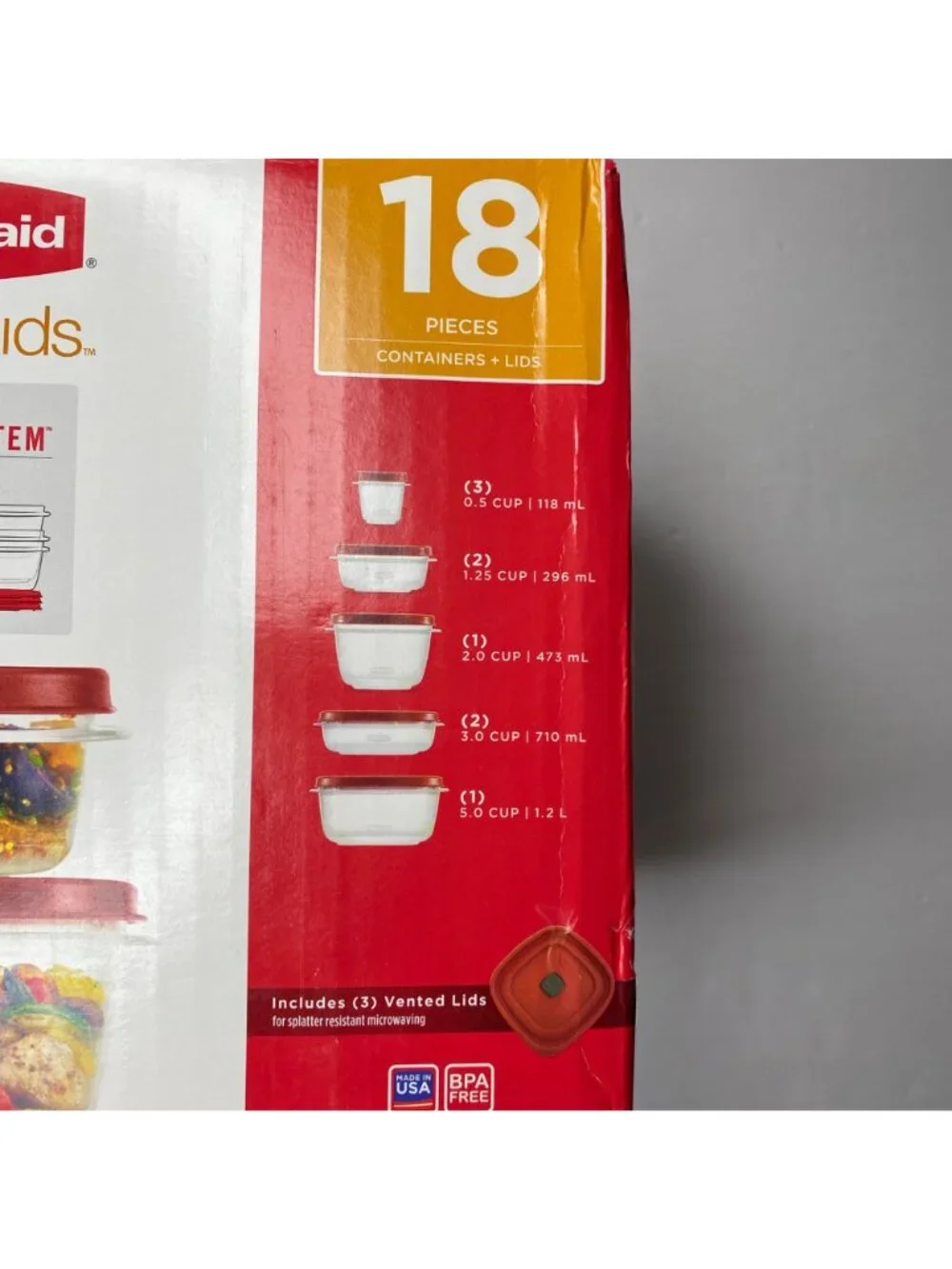 Rubbermaid 18 Piece Food Storage Container Set Vented Lids BPA Free 0.5 To 5 Cup